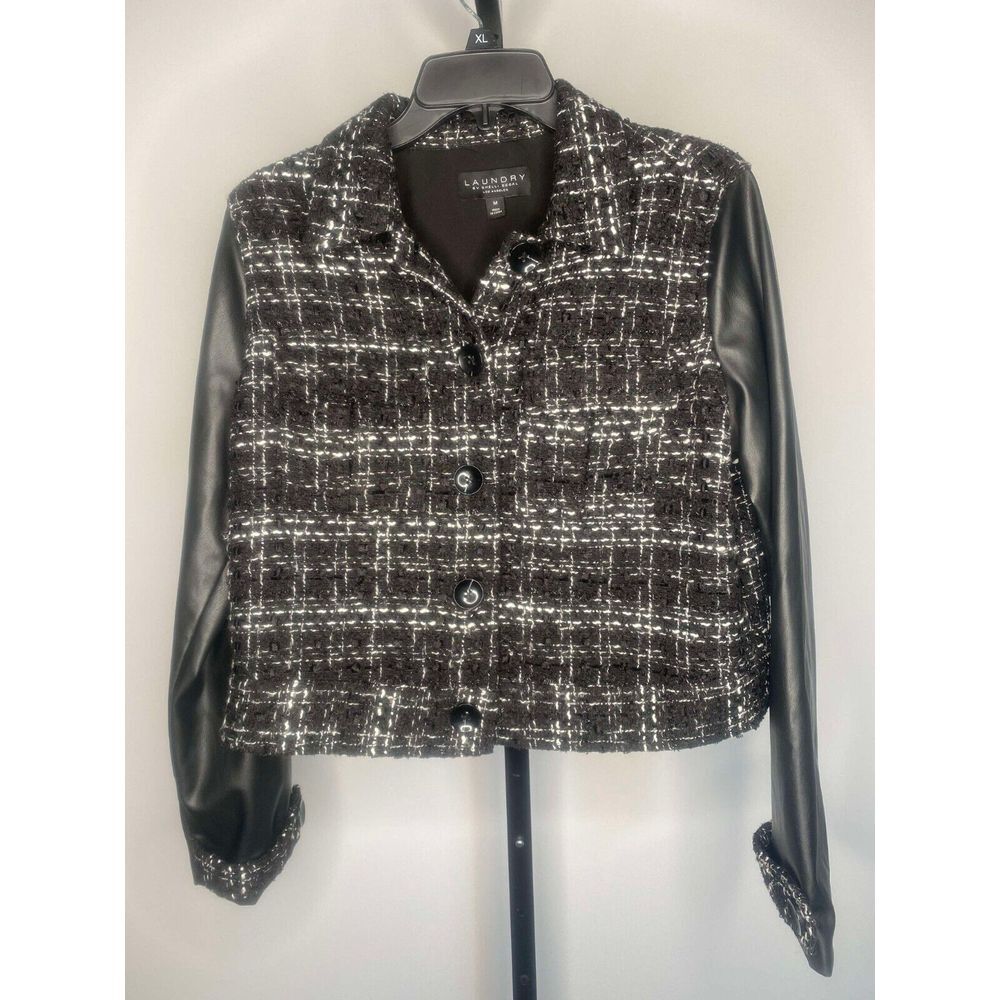 Women's Laundry by Shelli Segal black/white tweed jacket faux leather‎ size M